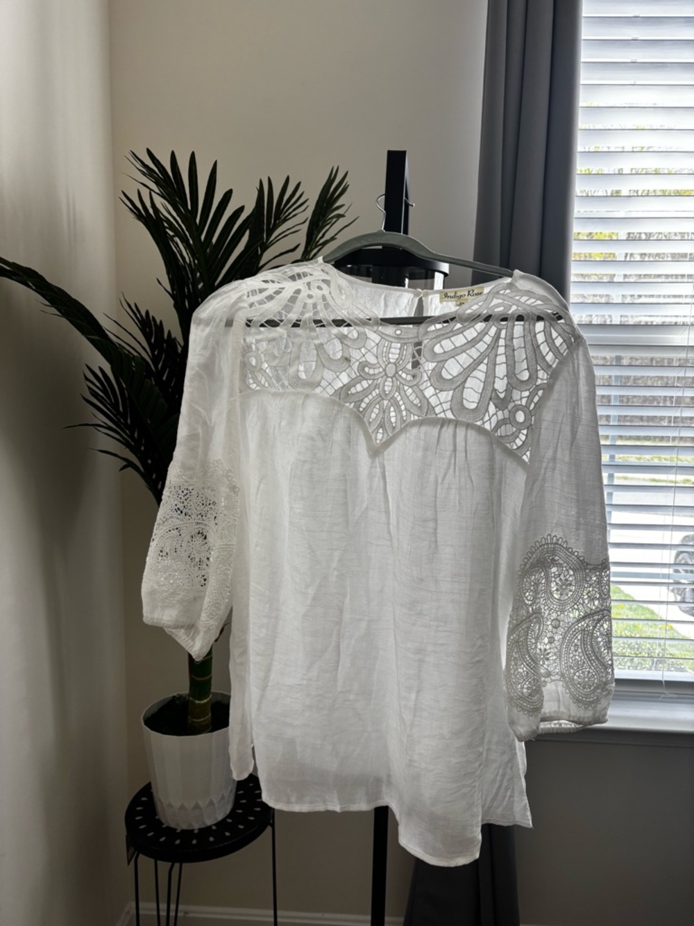 Indigo Rose White Embroidered Lace Yoke Blouse
